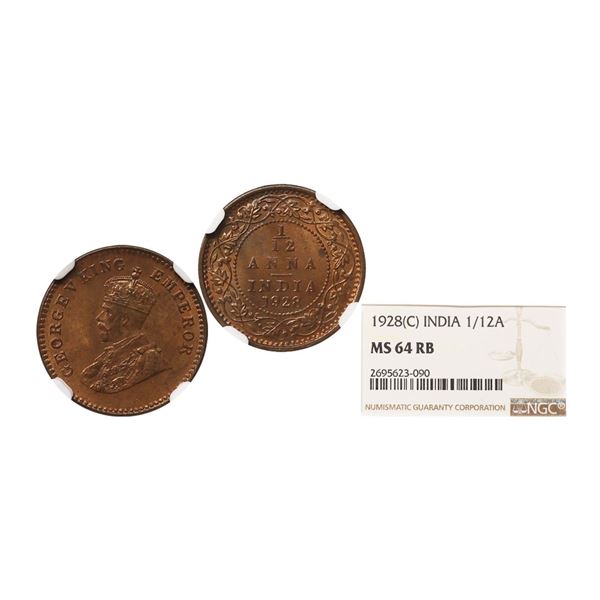 George V King Emperor, Copper 1/12 Anna, 1928, Calcutta Mint. Graded by NGC MS64RB.
