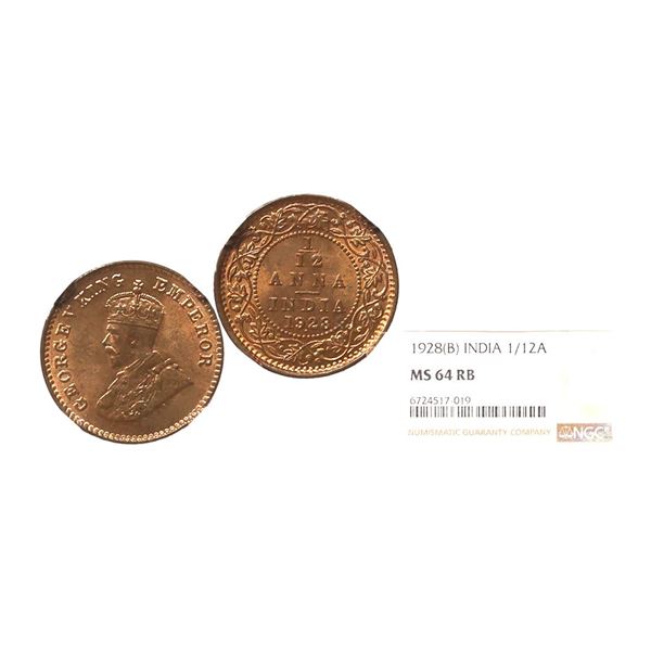 George V King Emperor, 1928, Copper 1/12 Anna, Extremely Fine Quality, Difficult Date to C