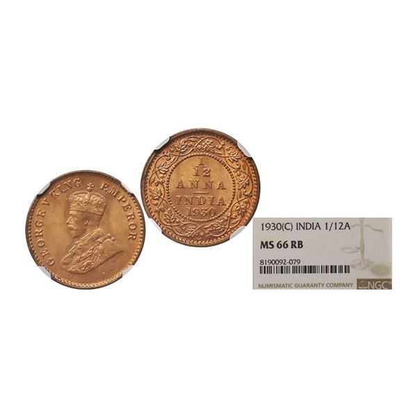 George V King & Emperor, Copper 1/12 Anna, 1930, Calcutta Mint. George V King Emperor, Cop