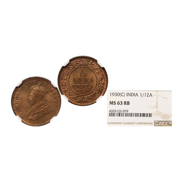 George V King Emperor, Copper 1/12 Anna, 1930, Calcutta Mint. Graded by NGC MS63RB.