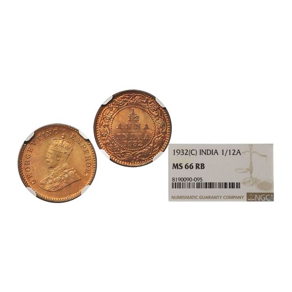 George V King & Emperor, Copper 1/12 Anna, 1932, Calcutta Mint. George V King Emperor, Cop