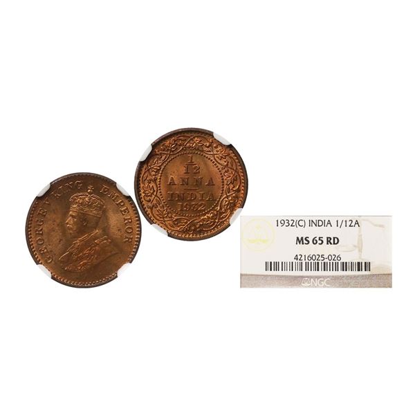 George V King Emperor, Copper 1/12 Anna, 1932, Calcutta Mint. Graded by NGC MS65RD.