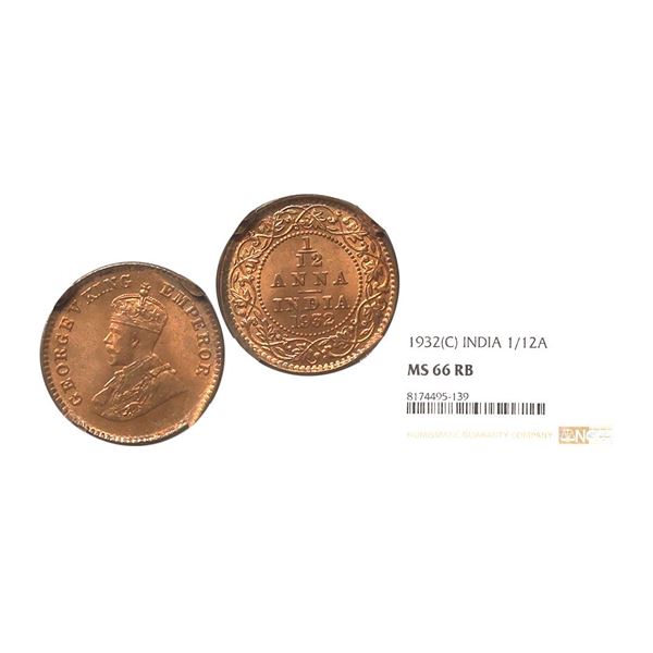 George V King Emperor, 1932, Copper 1/12 Anna, The Coin Features Extremely Rich Details Wi