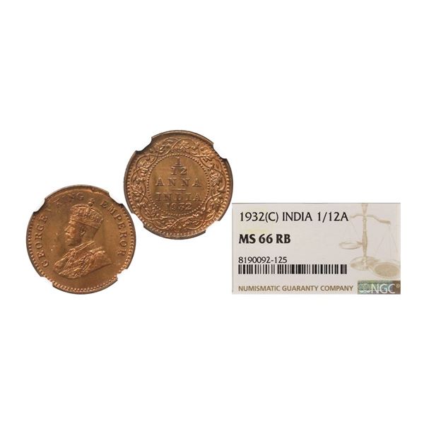 George V King Emperor, Copper 1/12 Anna, 1932, Calcutta mint, Graded By MS 66 RB.