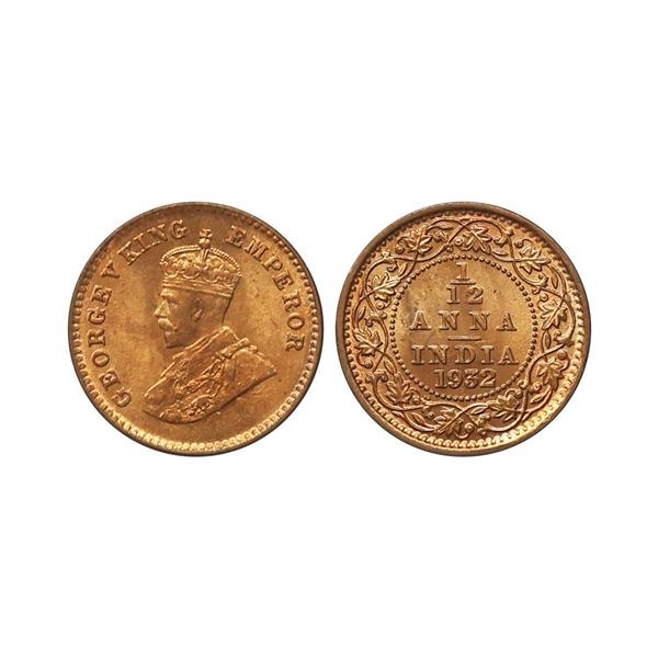 George V King Empreor, Copper 1/12 Anna, 1932, Calcutta Mint, UNC.