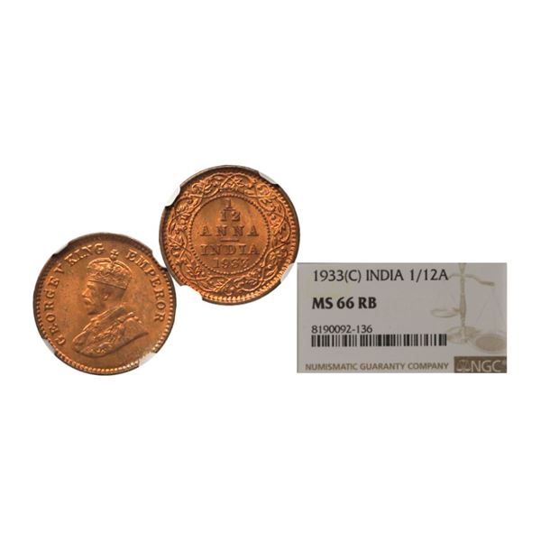 George V King & Emperor, Copper 1/12 Anna, 1933, Calcutta Mint. George V King Emperor, Cop