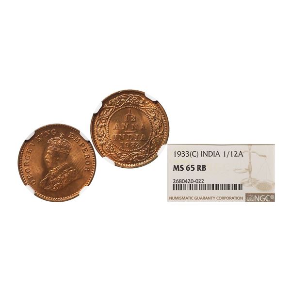 George V King Emperor, Copper 1/12 Anna, 1933, Calcutta Mint. Graded by NGC MS65RB.