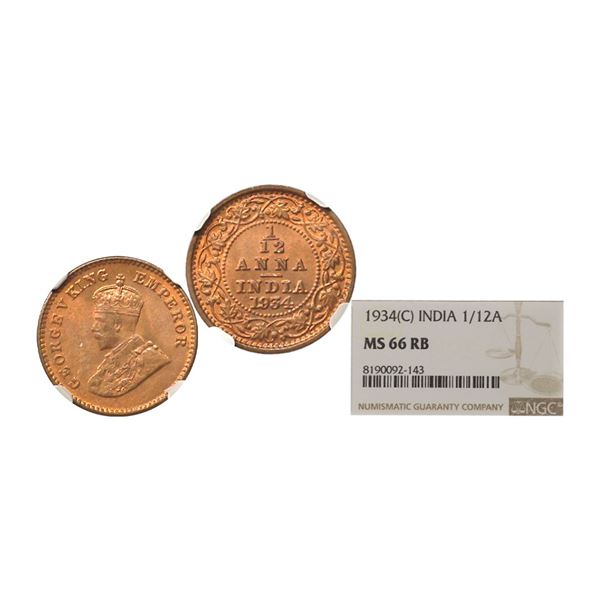 George V King & Emperor, Copper 1/12 Anna, 1934, Calcutta Mint. George V King & Empero