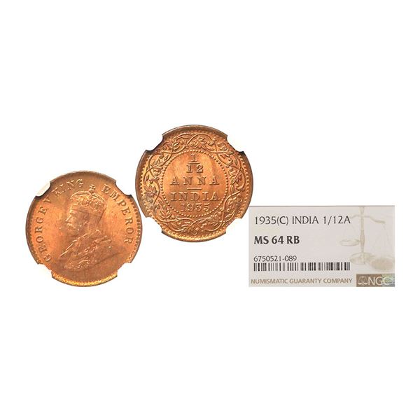 George V King Emperor, 1935, Copper 1/12 Anna, Superb Strike And Surfaces, Graded by NGC a