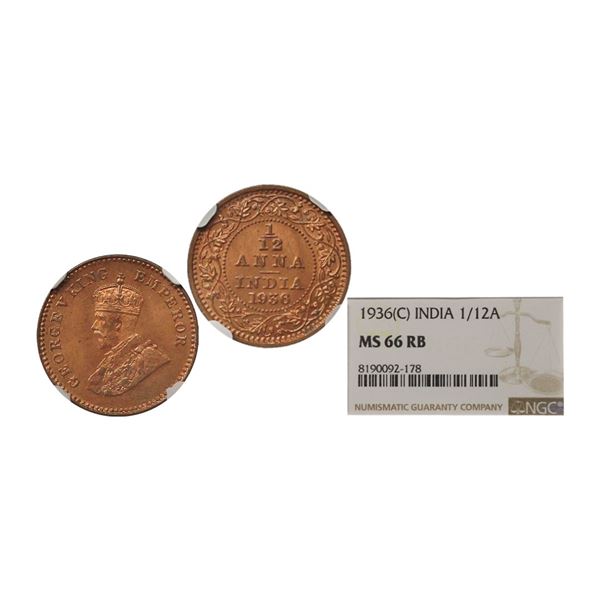 George V King & Emperor, Copper 1/12 Anna, 1936, Calcutta Mint. George V King Emperor, Cop