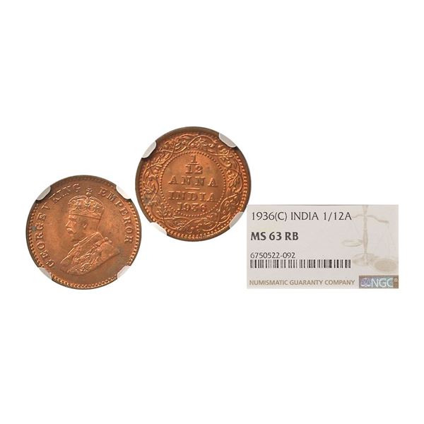 George V King Emperor, 1936, Copper 1/12 Anna, Superb strike and surfaces, Graded by NGC a