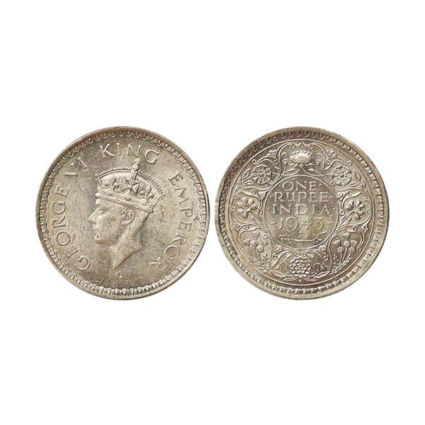 George VI King and Emperor, 1943, Silver Rupee, Bombay Mint, Uncirculated, Rare.