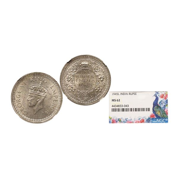George VI King Emperor, 52% Silver Rupee, 1945, Lahore Mint, L Mint Mark , Graded By NGC M