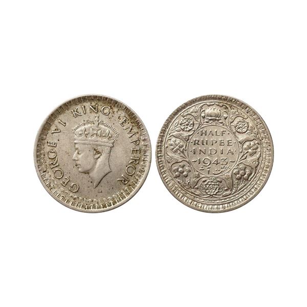 George VI King Emperor, 52% Silver 1/2 Rupee, 1943, Bombay Mint