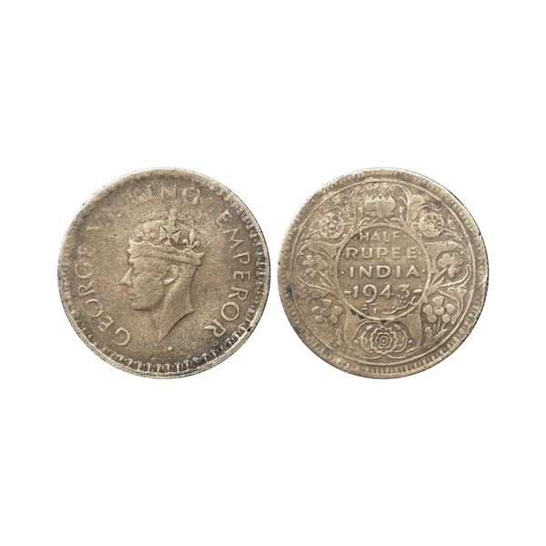 George VI King Emperor, 52% Silver 1/2 Rupee, 1943, Lahore Mint