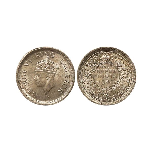 George VI King Emperor, 52% Silver 1/2 Rupee, 1943, Lahore Mint