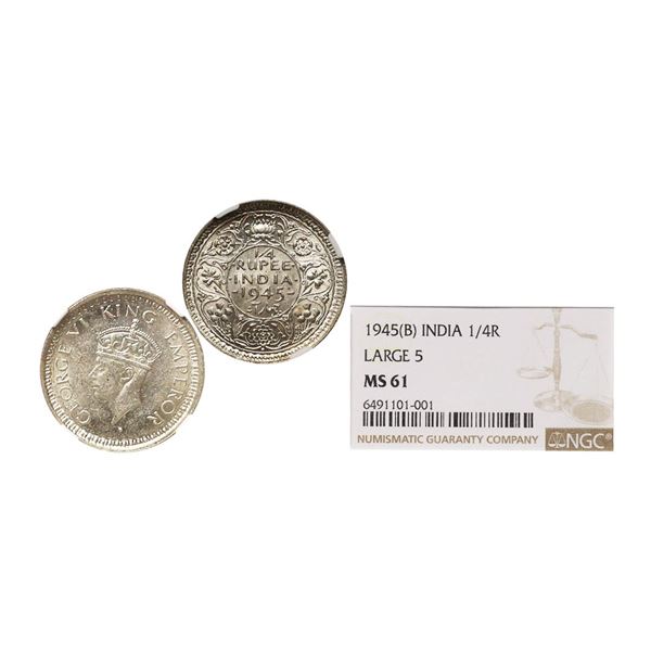 George VI King Emperor, 52% Silver 1/4 Rupee, 1945, Bombay Mint