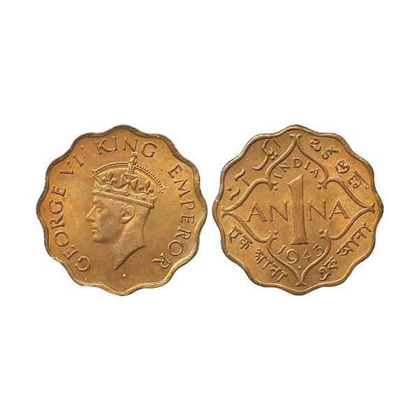 George VI King Emperor, Nickel-Bress, 1 Anna, 1943, Large ' 3 'On Date, Bombay Mint