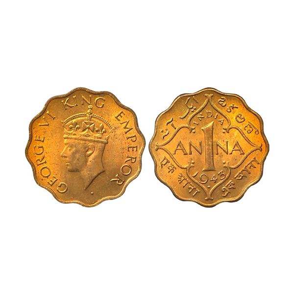 George VI King Emperor, Nickel-Bress, 1 Anna, 1943, Small '3' On Date, Bombay Mint