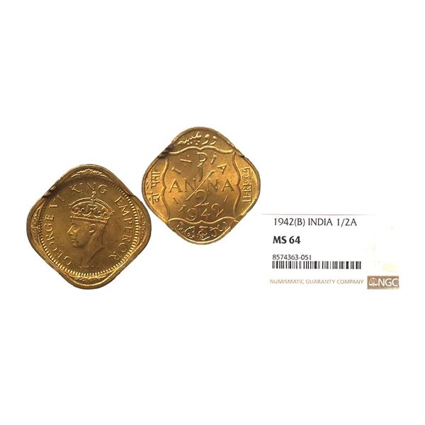 George VI King Emperor, 1943, Cupro-Nickel 1/2 Anna
