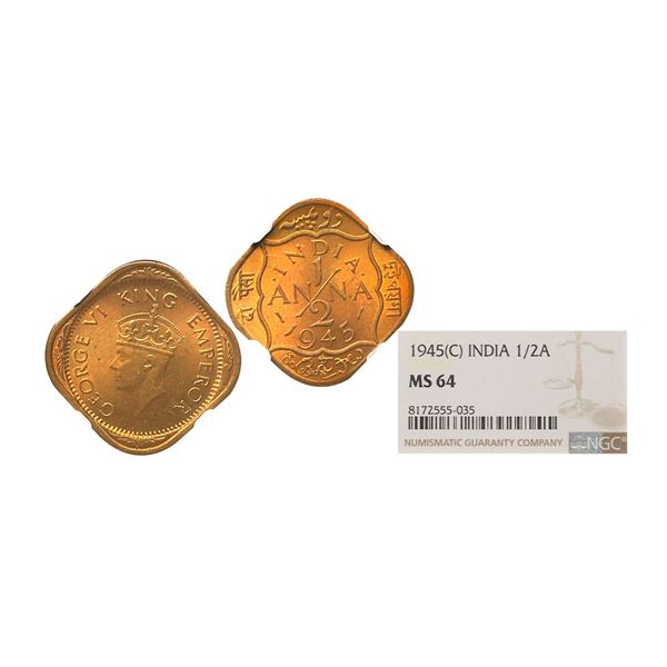 George VI King Emperor, 1945, Nickel-Brass 1/2 anna, Superb strike and surfaces, Graded by NGC as MS