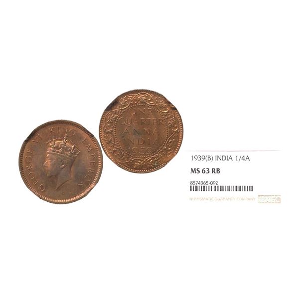 George VI King Emperor, 1939, Copper 1/4 Anna, Bombay Mint