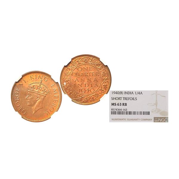 George VI King Emperor, 1940, Copper 1/4 Anna, Graded by NGC as MS63 RB