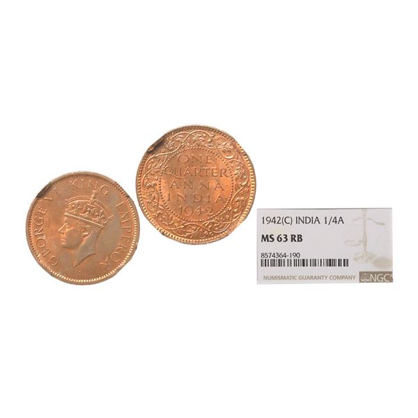 George VI King Emperor, 1942, Copper 1/4 anna, Calcutta Mint