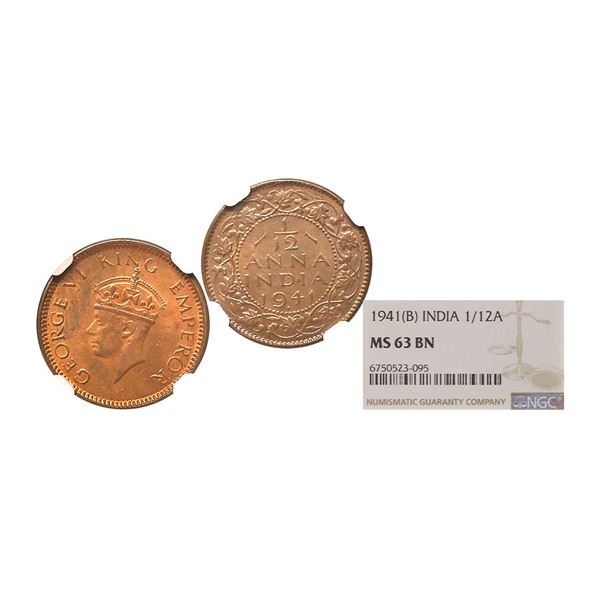 George VI King Emperor, 1941, Copper, 1/12 Anna, Superb strike and surfaces, Graded by NGC as MS63 B