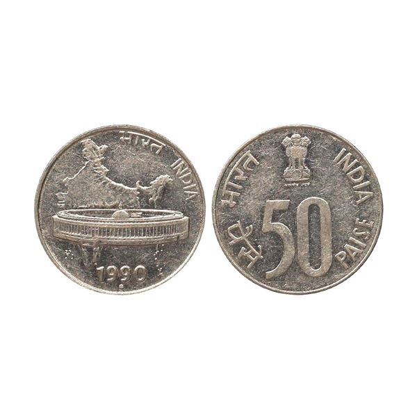 50 Paise, 1990, Stainless Steel, Noida Mint, Die Rotation, 3.73grams