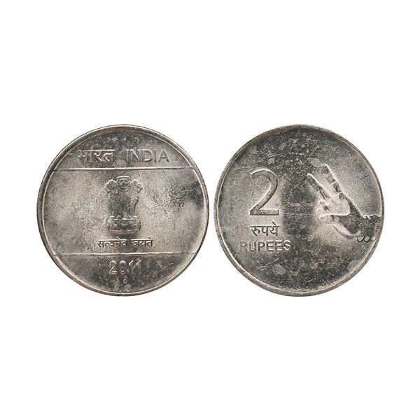 2 Rupees, 2011, Stainless Steel, noida mint, 6'o clock die rotation , Gem Uncirculated, 5.69grams