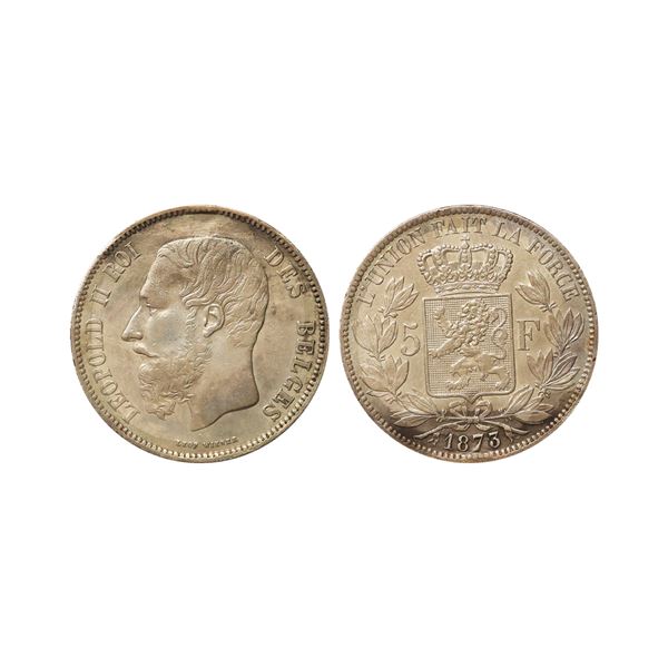 Belgiumz, Leopold II, Head Type Small, 1873, Silver 5 Francs