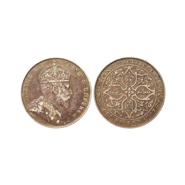 British Malaysia, Straits Settlements, Edward VII, 1907, Silver 1 Dollar, Small Type, 20.20grams