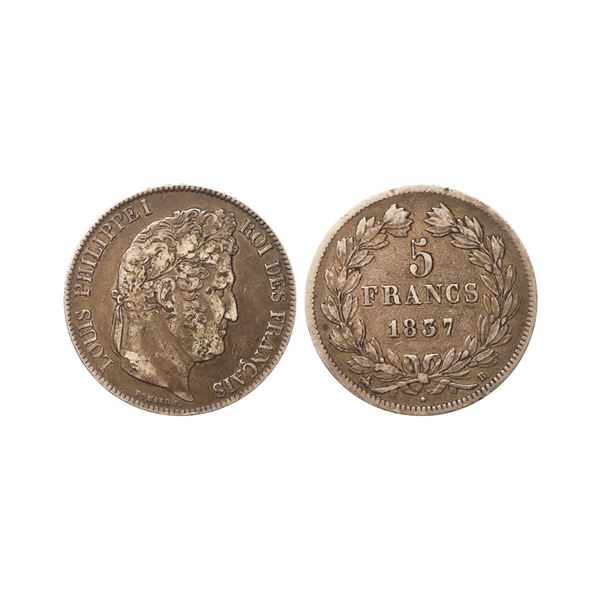 France, Louis-Philippe relief, 1837, Silver 5 Francs