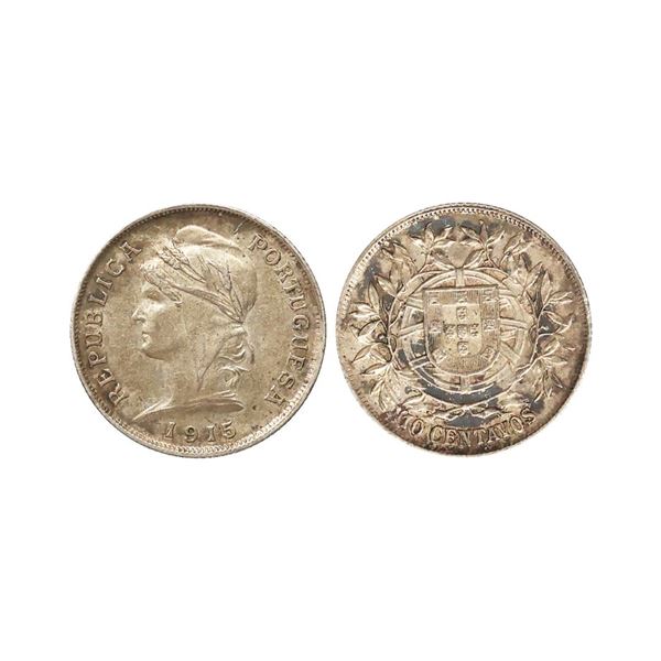 Portugal, 1915, Silver 10 Centavos, Obv. Portrait facing left, Lettering is "REPUBLIC