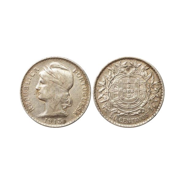 Portugal, First Republic (1910-1926), Silver 50 Centavos, 1913, 12.46gms, Obv.: Lettering 