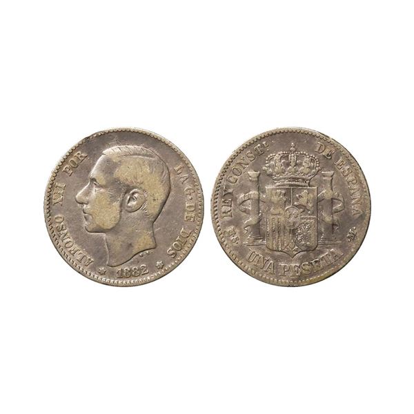 Spain, Alfonso XII, 2nd portrait, 1882, Silver 1 Peseta, Obv. Head of King Alfonso XII fac