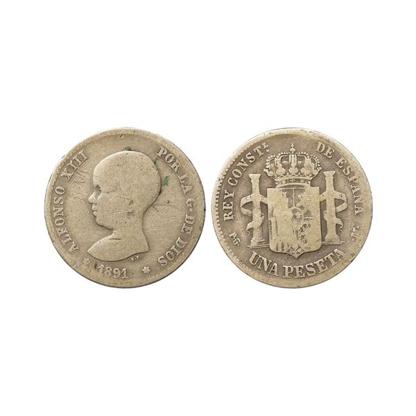 Spain, Alfonso XIII, 1st portrait, 1891, Silver 1 Peseta, Obv. Head of King Alfonso XIII a