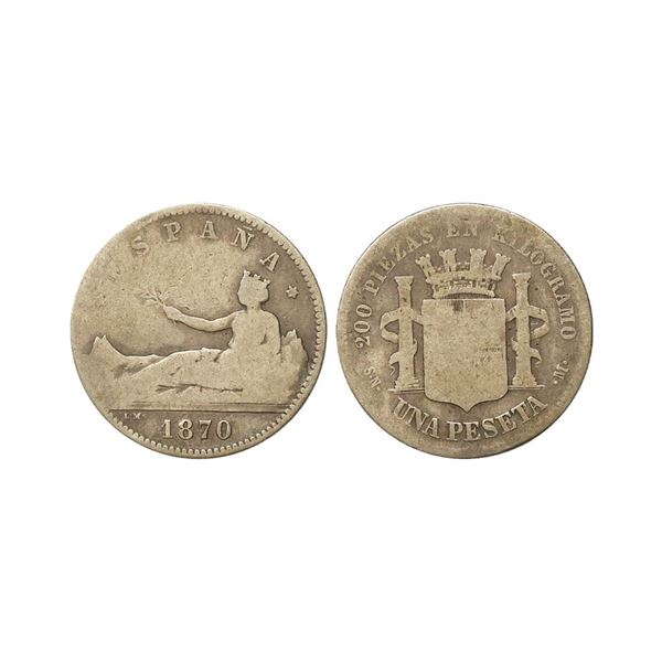 Spain, Provisional Government ESPAÑA, 1870, Silver 1 Peseta, Obv. Crowned Hispania re