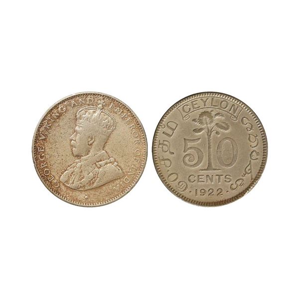 Sri Lanka Ceylon, George V, 1922, Silver 50 Cents, Obv. Crowned bust facing left, Rev. Den