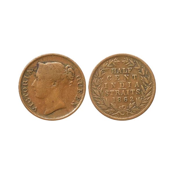 Straits Settlements, British Malaysia, Victoria Queen, 1862, Copper 1/2 Cent, Obv. Crowned