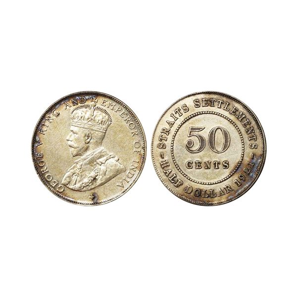 Straits Settlements, George V, Half Silver ½ Dollar / 50 Cents, 1921. About Extremely