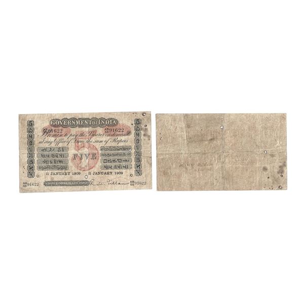 Government of India, Uniface, Rupees 5, red under print, Calcutta Circle, signed R. W. Gillen, 11 Ja