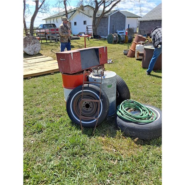 (3) Tires, (3) 30 gal Barrel Wood Tool Boxes