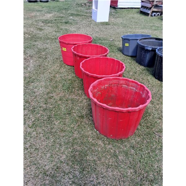 (4) Red Feed Tubs-1 cracked bottom