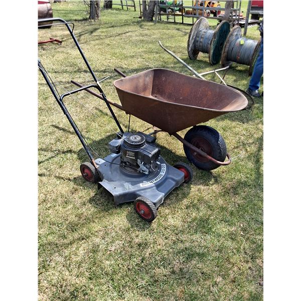 Walk Behind Gas Lawnmower & Steel Wheel Barrow