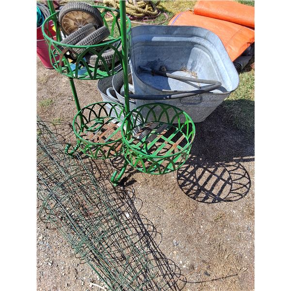 (3) Galvanized Tubs,  Plant Stand,  Tomato Cages