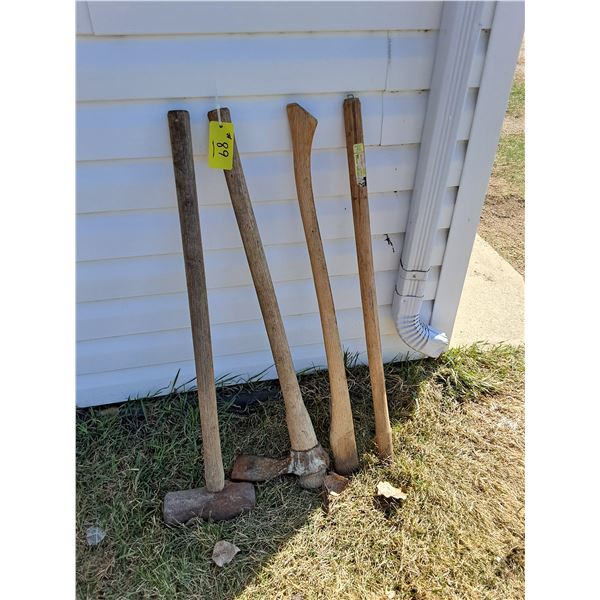 (2) Wooden Axe Handles,  Pick,  Sledge Hammer