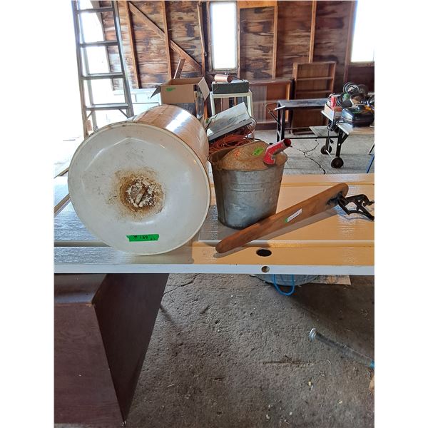 Vintage Ironing Board, Gas Pail, Metal Flour Bin