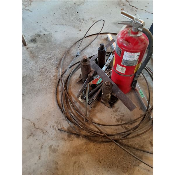 (3) Bottle Jacks- Only 2 Work,  Come Along, FIRE Extinguisher, 3/8" Cables